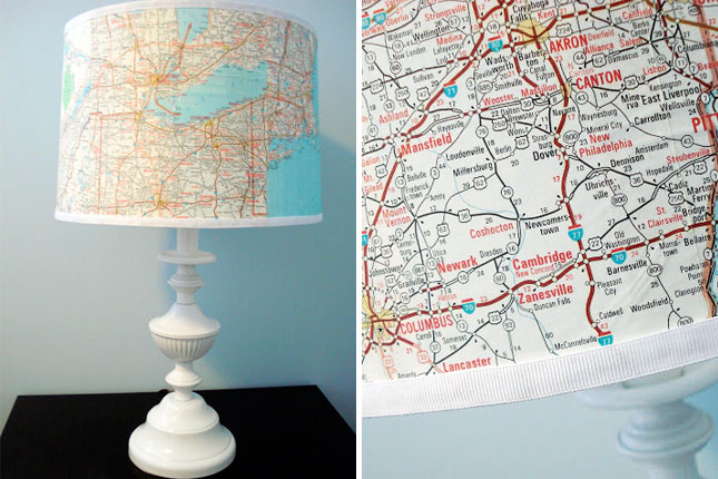 Map Lampshade. Wrap up the lampshade with your favorite atlas. It's fantastic to turn a bedside lamp into your personalized glowing globe to invoke adventurous dreams. 
