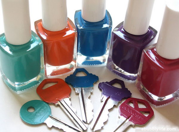 Nail Polish Painted Keys. Do you find yourself fumbling with the bundle of keys you have? Color them in different colors with nail polish, e.g. red for the car, blue for the house, and green for the letterbox. You'll save yourself a lot of time. 