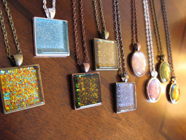 Nail Polish Pendants. This is another great use for your glitter nail polish   turning drab pendants into bold colored ones. 