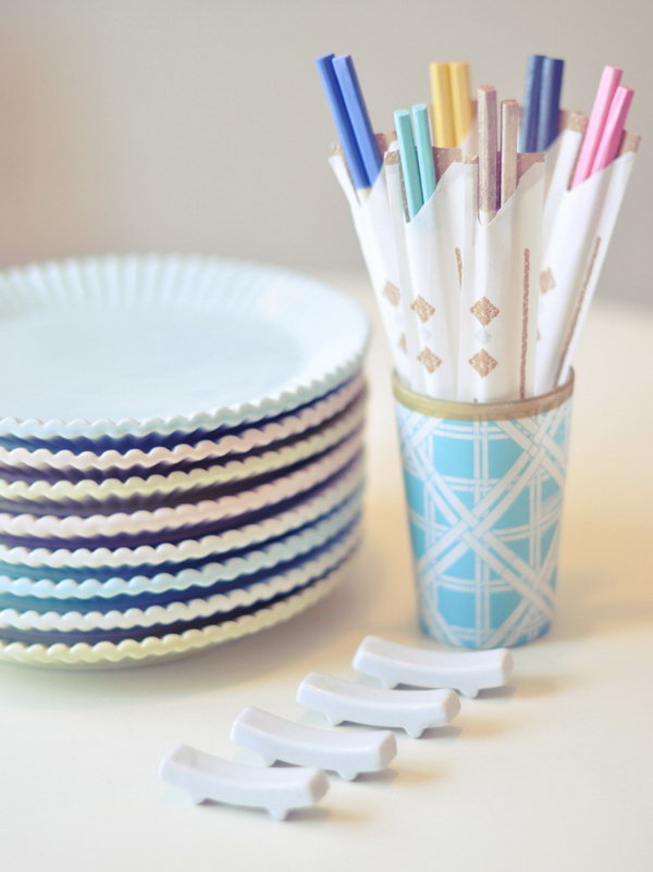 DIY Colorful Chopsticks With Nail Polish. Add a fun flair to these utensils by dipping the top end in nail polish. Create these colorful chopsticks from the raw wood chopsticks. Click through for the full tutorial. 