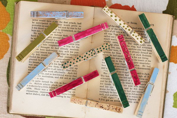 Colorful Clothes Pins With Nail Polish.  This is another great use for half used bottles of nail polish. Get the boring wooden clothes pins more fun. 