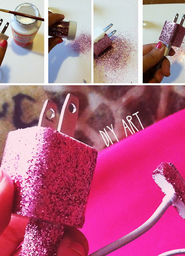 Glitter iPhone Charger. Make your iPhone charger unique and standing out by painting some glitter nail polish on. 