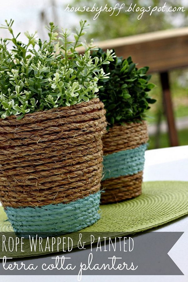 Rope Wrapped Plant Pots. Wrap rope around some cheap terra cotta pots and added a touch of left over paint. The result is a cute outdoor centerpiece! See tutorial for full details 