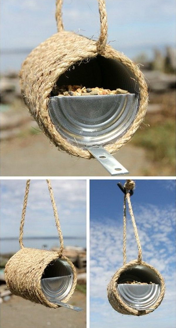 Sisal Rope Birdfeeder. This beautiful bird feeder is made from an old tin can and some sisal rope. Wrap the rope around a clean can and bend the lid in half so that the birds can get the food. Then put something for a ledge for the birds to stand on when eating. This project is easy and quick to make. It only takes you about 20 minutes. Get the tutorial 