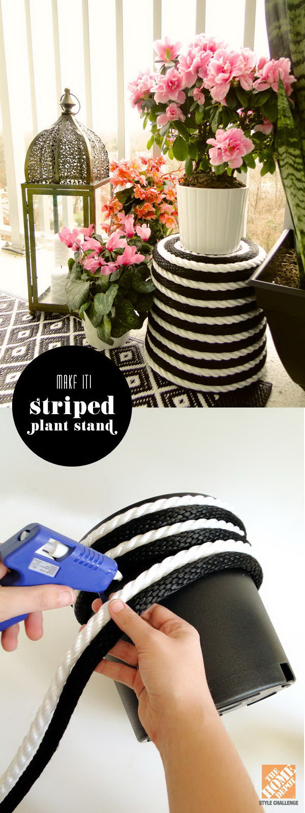 Black and white Rope wrapped plant stand. Start at the lip of the pot using hot glue along the way and finishing it up with a nice little spiral into the center of the bottom. This project is super easy to make and turns out to a perfect decor of your patio. 