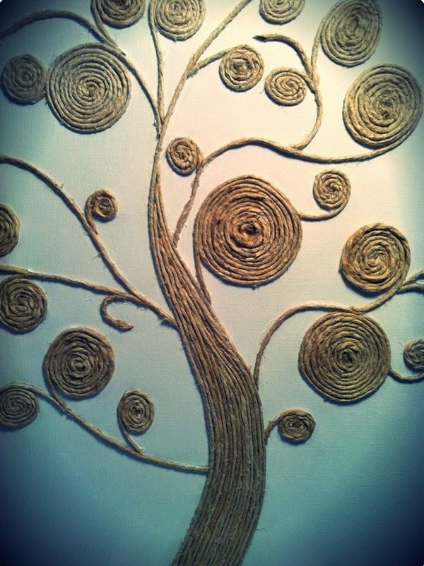 Rope twined Tree as a Wall Art. This is another creative idea to use the leftover rope to twine in the shape of the tree.It can be a wonderful wall art for your home decor. 