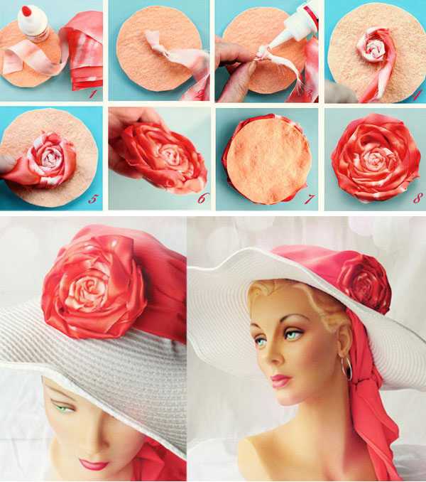 DIY Rolled Fabric Flowers Floppy Hat. This is a little exaggerated for daily time. But it goes great with a swimsuit for me. See the how to here. 