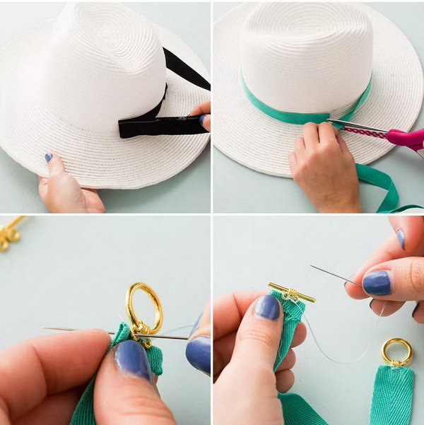 DIY Jeweled Belt Floppy Hat. The idea changing the black belt to a teal belt with a gem on it is so lovely. Check out the easy to do tutorial here. 