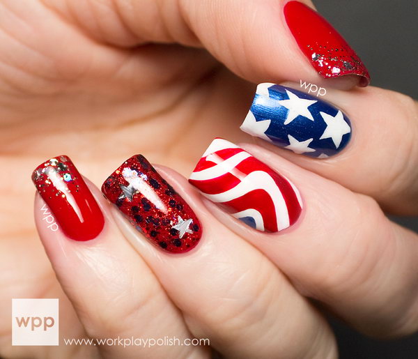 Stars and Stripes 4th of July Nail Art: What an awesome idea. The galaxy nails set and the red gradient really make the whole thing pop. See the tutorial here. 