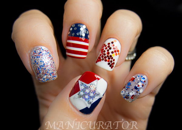 Beautiful Flag Day Patriotic Sequin Nails: This sequin design is a funky take on flag inspired nails. The different glitters add more character. With the clever galaxy nails set, you can create a great 4th of July nails look that is beautiful and unique, but totally shows some love on the Fourth of July. See the tutorial here. 