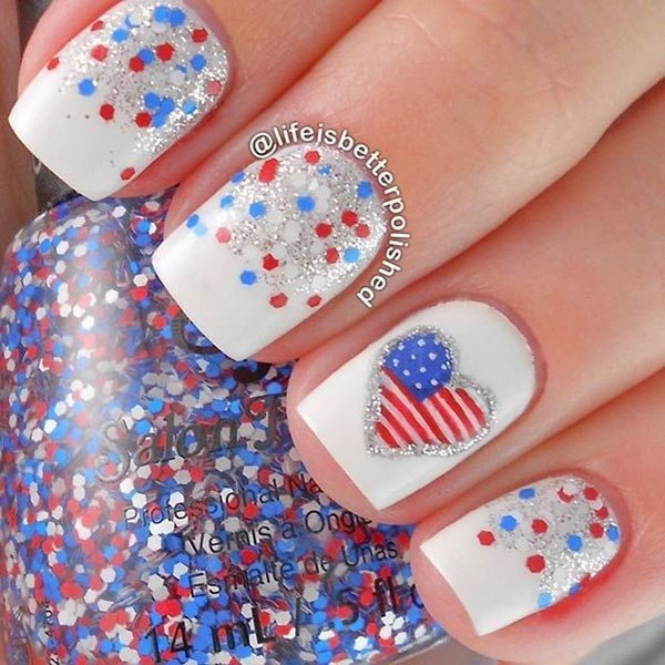 Red, White and Blue Nail Design + Flag Accent Nail. 
