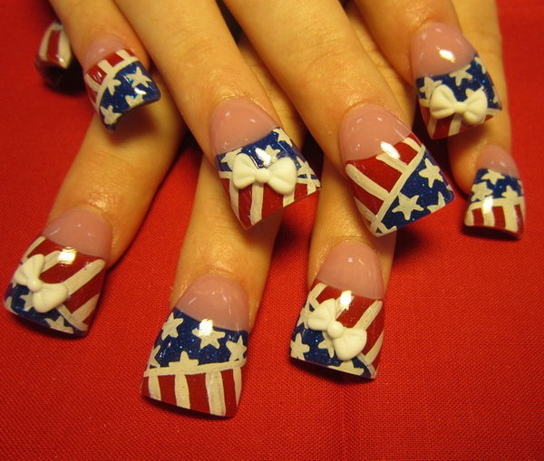 4th of July Stars and Stripes Nails with 3D Bows 