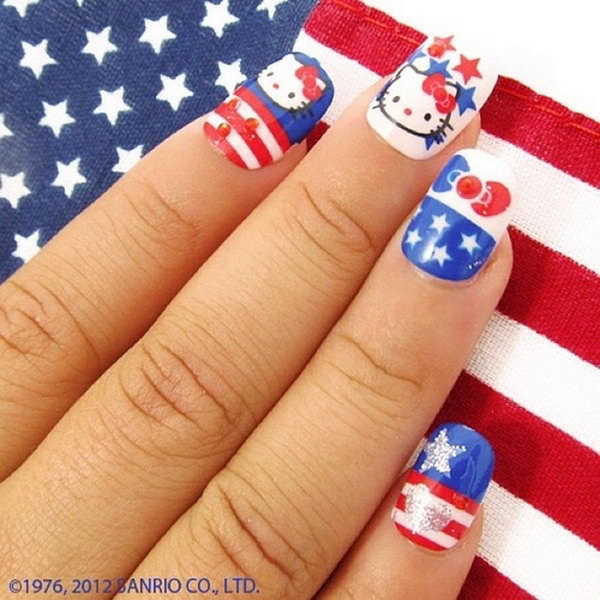 Patriotic Hello Kitty Nail Art 