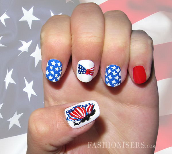 4th of July Butterfly, Bow and Stars Nail Art 