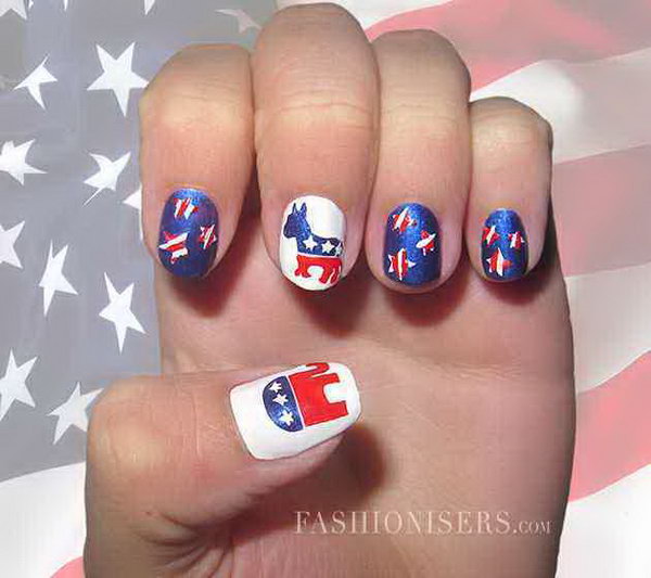 4th of July Cute Elephant, Horse and Stars Nail Art 
