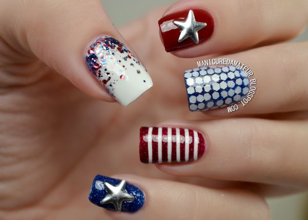 Patriotic All Details Accented Nails: This manicure has so many details. It's a great example to be extra charming with delicate details. See the tutorial here. 