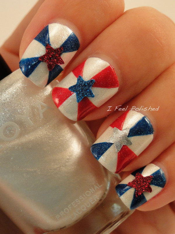 Classic Patterns in Different Style: Start with painting the base plastic beige. Use striping tape to make the nails in a pinwheel type manner. Then add a star to the middle of each nail! See the tutorial here. 