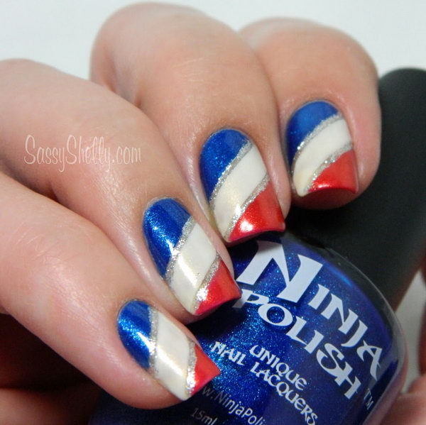 4th of July Gradient Stripes Nails: The silver lines as accents to the nail design really pop the whole thing. See the tutorial here. 