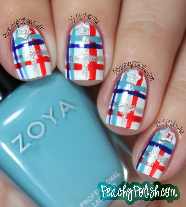Patriotic Summery Plaid Manicure: With little glitter stars to amp up the 4th of July factor, the beautiful red, blue and white plaid manicure looks so glamorous and it will keep you from looking tacky. See the tutorial here. 