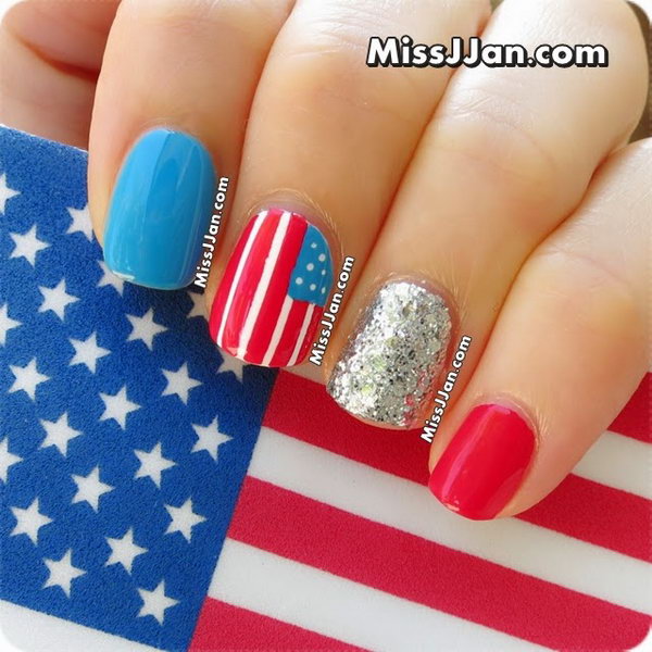 4th of July Glitter Nails: This is a fun and different design with the idea of something different for each nail. Loving the navy blue and the silver glitter very much. See the tutorial here. 