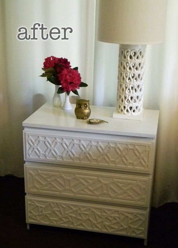 IKEA Rast Makeover with O'verlays. O'verlays are decorative fretwork pieces made of a semi rigid composite material that you can use to adorn basic furniture pieces. This transformation was achieved by adding an intriguing new product called O'verlays to an Ikea Rast. 
