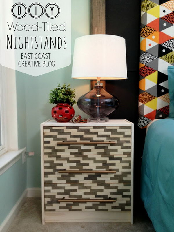 DIY Wood Tiled Nightstands. Get yourself some seriously styling, high end looking nightstands at a great price with the instructions 