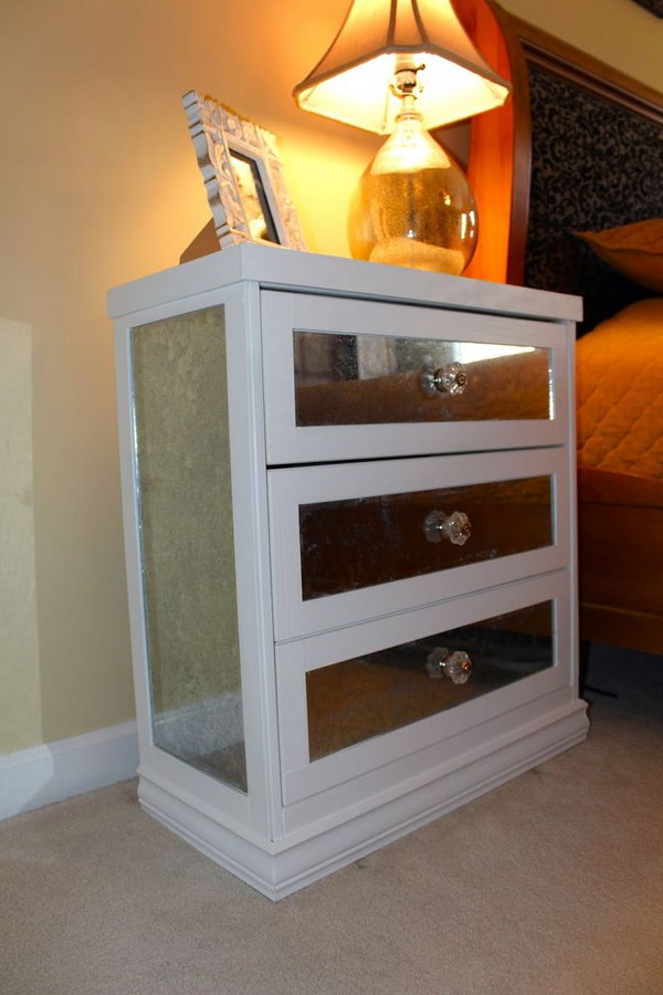 DIY Mirrored Nightstand. Decorate the IKEA Rast 3 drawer chest with some mirrors for a chic side table in your bedroom. See more details 
