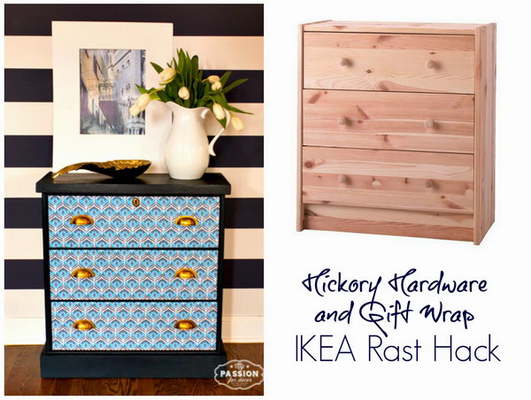 Gift Wrap & Hardware IKEA RAST Hack. With just a little paint, new hardware, colorful paper, your simple IKEA RAST chest will get a new look. Check out the tutorials 