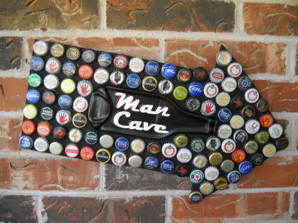Man Cave Sign Beer Bottle Caps Mosaic with Melted Beer Bottle 
