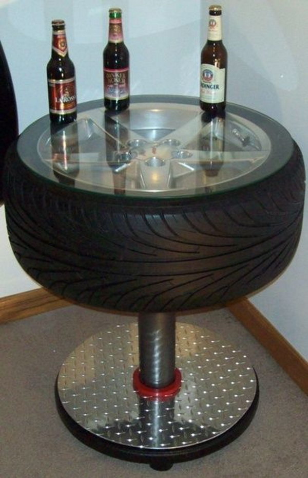 Old Tire Repurposed Man Cave Table. 