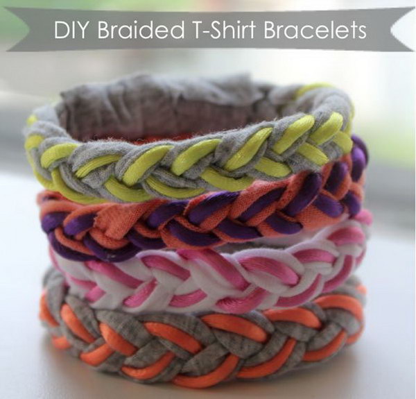 DIY Braided T Shirt Bracelets. See the tutorial 