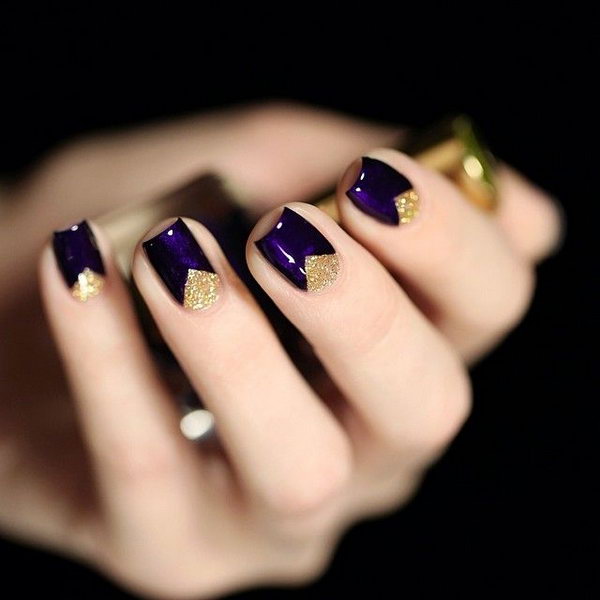 Dark Purple Nails with Gold Triangles. 