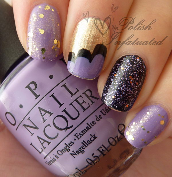 Purple, Glitter and Cloud nails. 