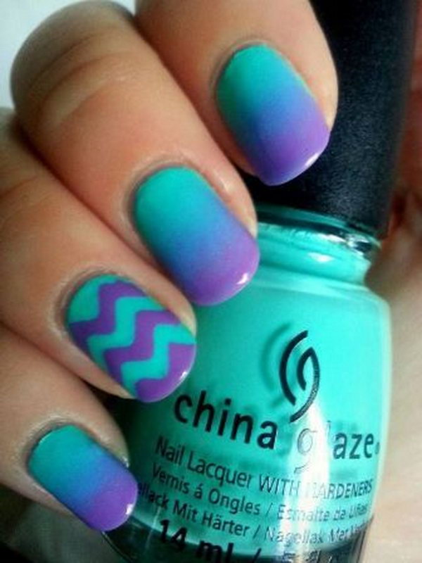 Purple French Tip and Chevron Nails on Mint Base. 
