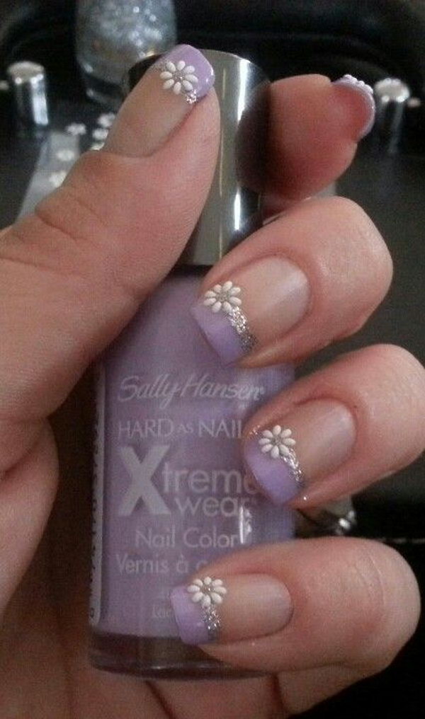 Purple and Silver French Nails with Flowers Accent. 