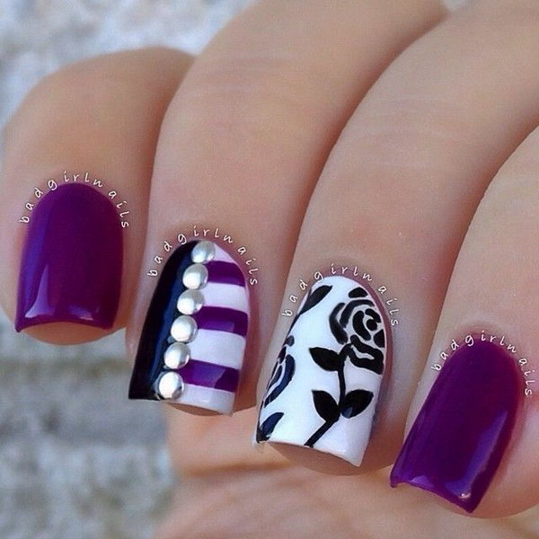 Eye catching Floral with an Edge Purple Nails. 