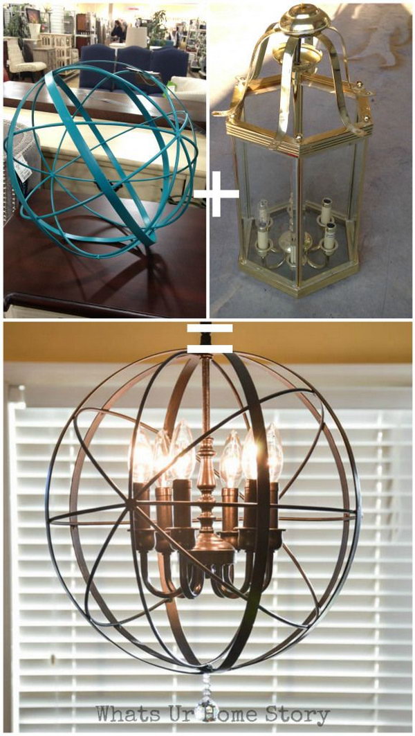 DIY Orb Chandelier. The crystal prism added to the bottom brings out a little bling. Love this creative and chic version. Brighten up your space with this chic orb chandelier. 