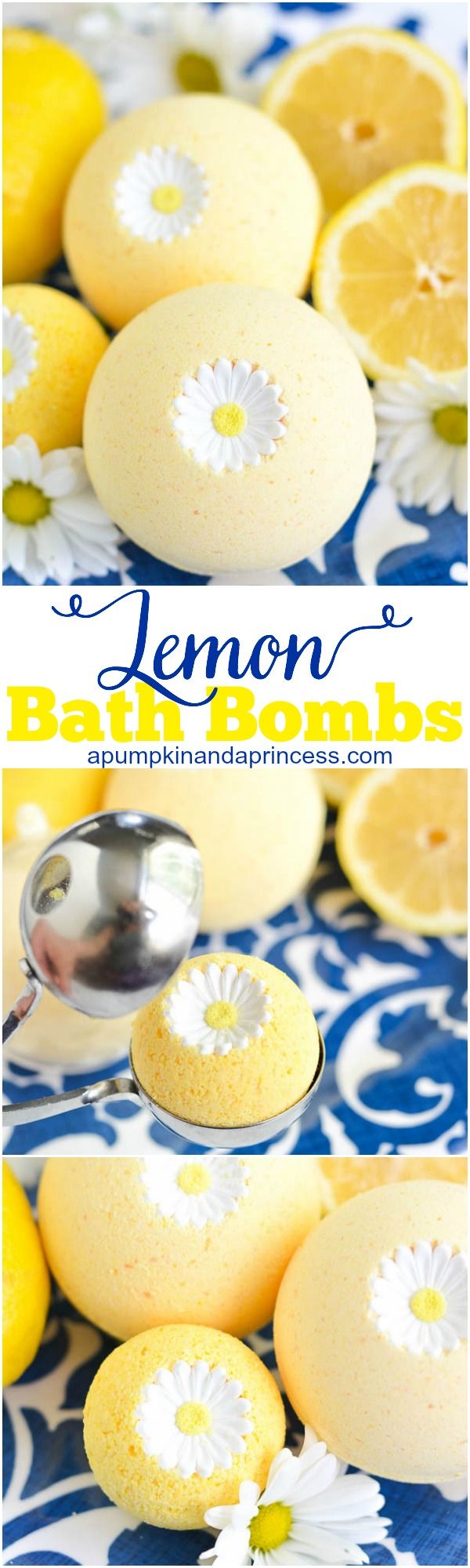 Homemade bath bomb made with lemon essential oil and a sugar daisy on top. Really simple to make with fun and add a personalization and homemade touch to your Mother's Day gift. 
