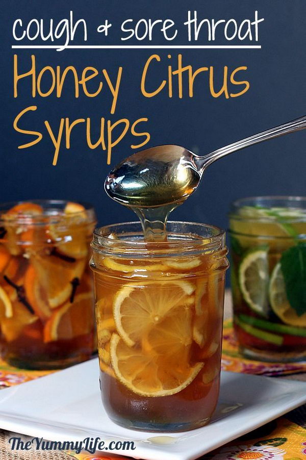 Homemade Honey Citrus Syrups for Coughts and Sore Throats. Easy to make, no cook and naturally flavored. An effective home remedy to soothe a sore throat or cough. Tutorial via 