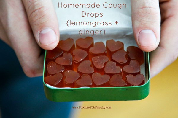 Homemade Cough Drops Heart Candys Made with Lemongrass and Ginger. They are herbal, lemony and taste of honey. Do help a lot for sore throat and a nasty cough. Tutorial via 