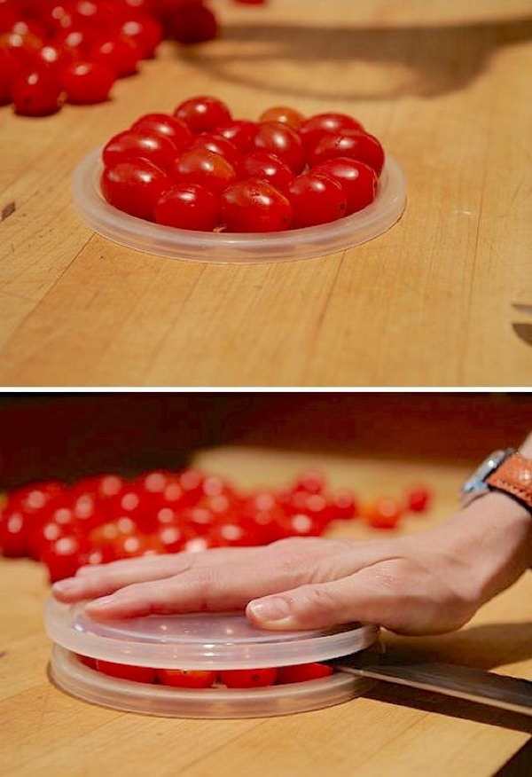 Cherry Tomato Hack. Slicing small cherry tomatoes individually can be kind of time consuming when you are using them for a salad or other dish. Here is a super speedy and time saving way to slice cherry tomatoes by using 2 plastic lids. Of course, you should have a large, sharp knife. See more directions 