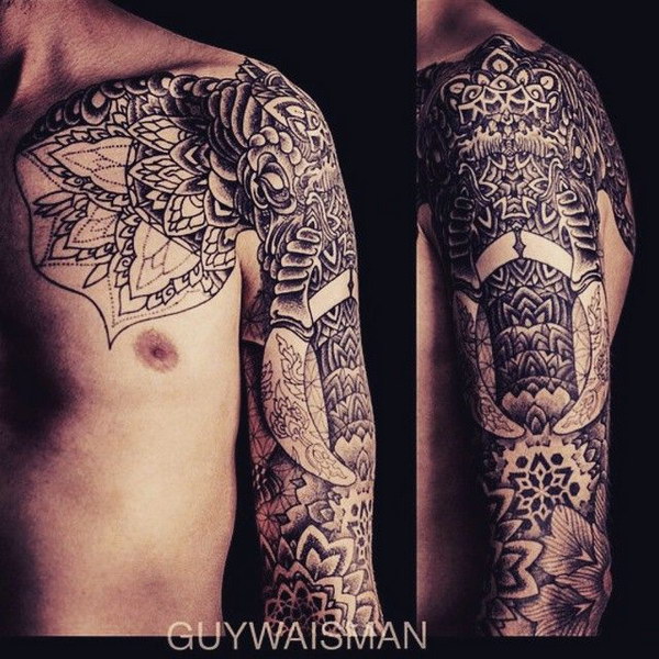 Cool Elephant Sleeve Tattoo. 