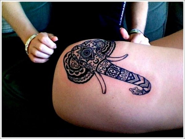 Traditional Head Elephant Tattoo Designs For Girl On Thigh. 