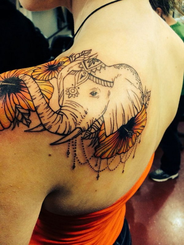 Mixed with flowers Elephant Tattoo on Shoulder. 