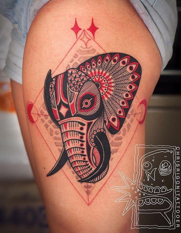 Elephant Abstract Geometric Thigh Tattoo. 