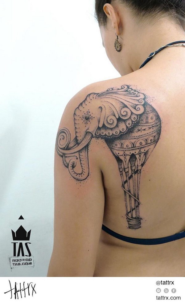 Hot Air Balloon Elephant Tattoo on Shoulder. 