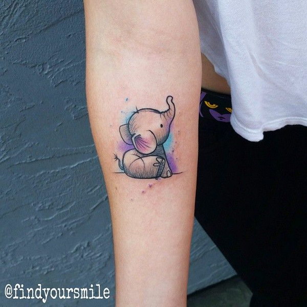 Tiny Elephant Watercolor Tattoo on Arm. 