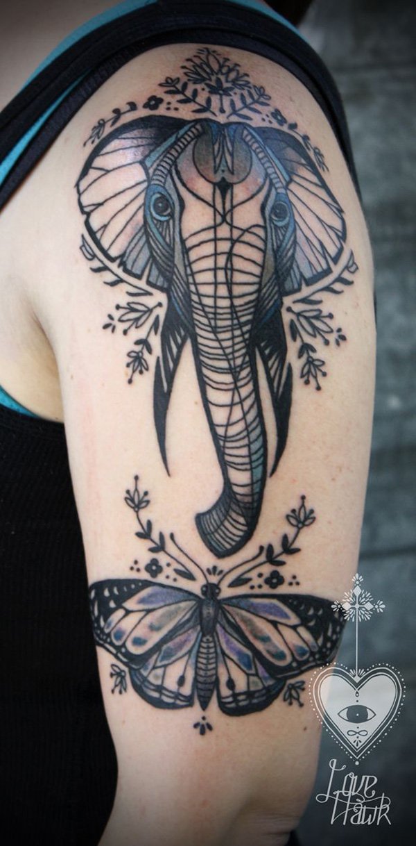 Beautiful Elephant and Butterfly Arm Tattoo. 