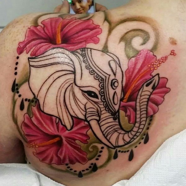 Elephant with Hibiscus Flowers Tattoo. 