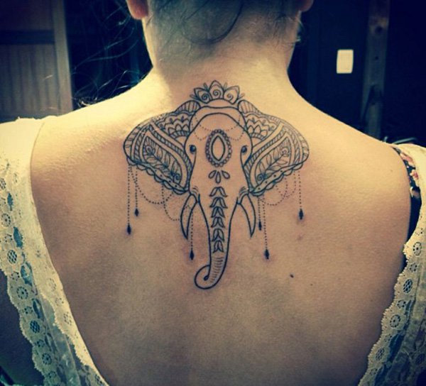 Feminine Elephant Tattoo on Neck Back. 